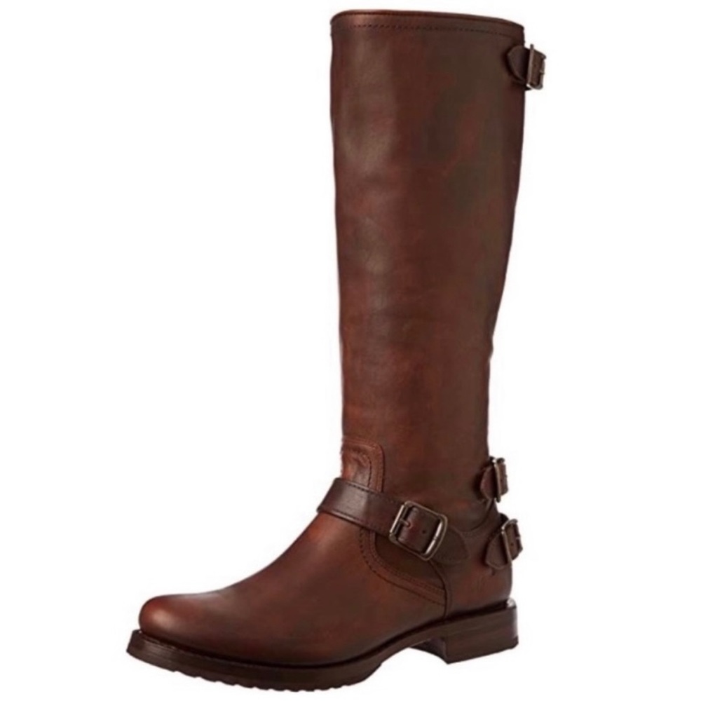 GUC Frye Veronica Back-Zip Tall Moto Boot Maple Brown Leather size 10